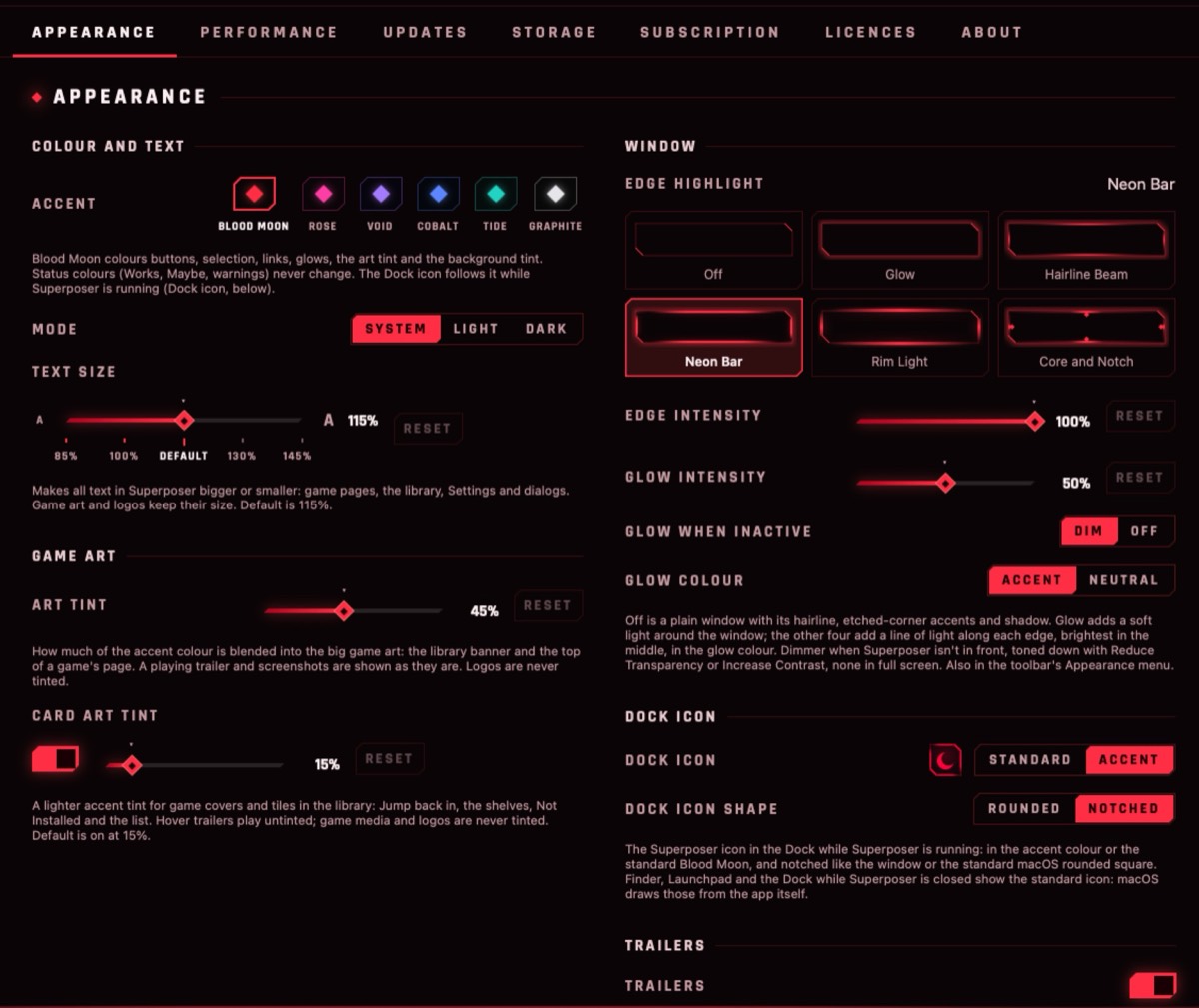 Superposer's Appearance settings: six accent colours, light and dark mode, text size, game art tint, window edge highlight styles and Dock icon options.