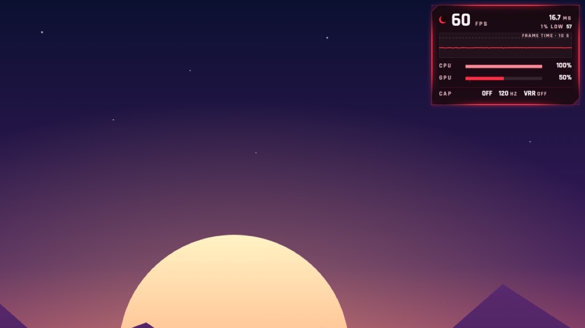 Superposer's performance HUD in the corner of a sample game scene: 60 frames per second, 16.7 ms frame time, a frame-time graph, CPU and GPU load, and the frame cap state.