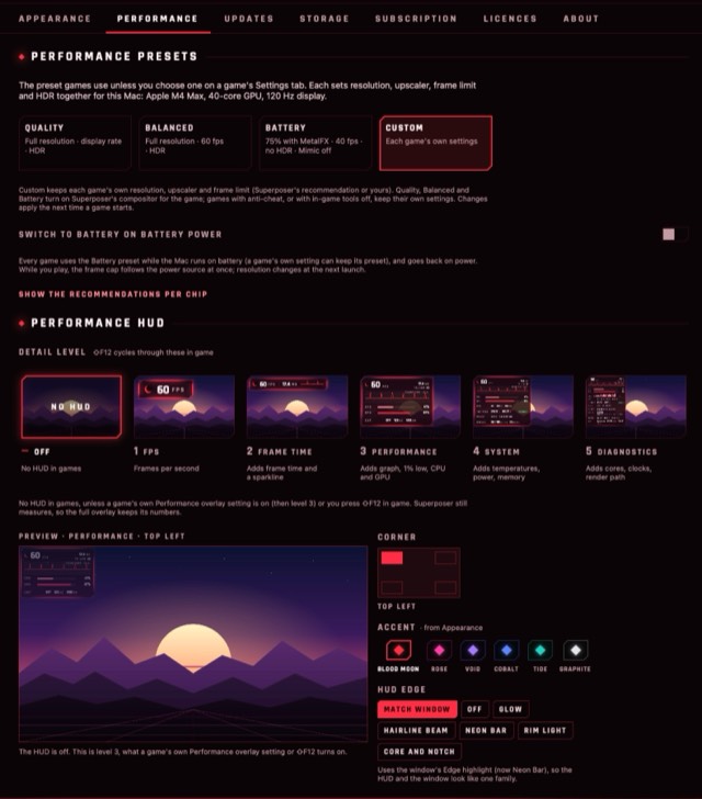 Settings › Performance: Quality, Balanced, Battery and Custom presets, a switch to use Battery on battery power, and the five performance HUD levels with a live preview over a generic sample scene.